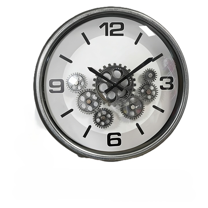 Ceas de perete silentios cu tematica creativa, cu cadran alb, margine argintie, cifre romane tridimensionale, ceas de perete decorativ modern si minimalist pentru living/birou