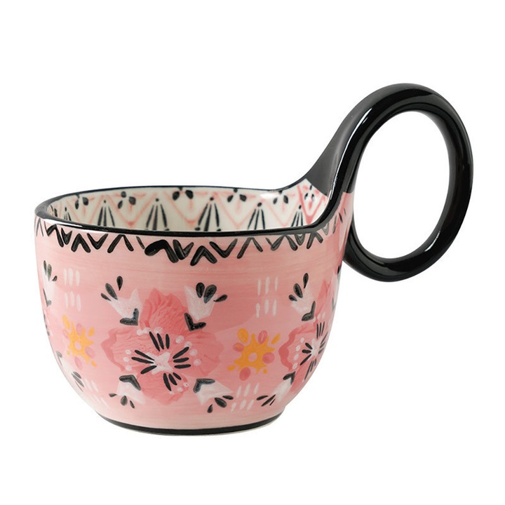 Cupa ceramica cu maner curbat, design floral roz, 16x11x7.8cm, potrivita pentru microunde si masina de spalat vase