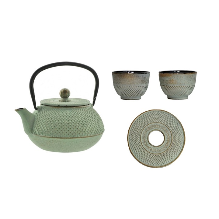 Set ceainic și 2 cani MPLCo Green Namura, fontă, verde, 0.8 l
