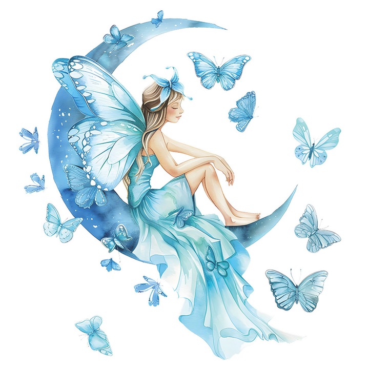 Autocolant de perete zana albastru, AFKSMILE, Sticker decorativ si autoadeziv pentru copii, luna, zana si fluturi, Premium, Original deals, Pentru se lipeste pe mobila, perete si sticla, PVC, 60*40cm