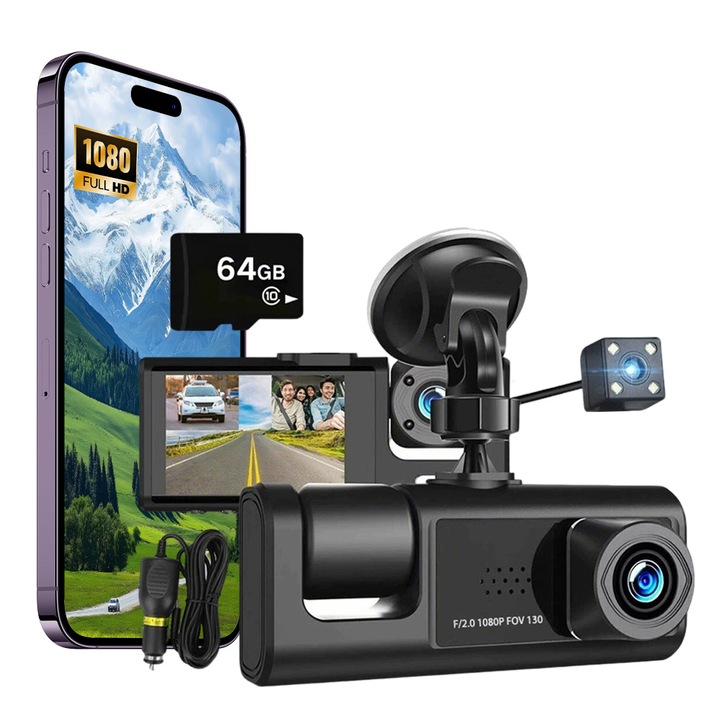 Camera Auto Video Tripla De Bord DVR IDAMAKON Conexiune WiFi HD 1080p Unghi Ultra-Larg de 170° Inregistrare Bucla Vedere Noaptea Inregistrare Interior Fata Interior Spate Card 64GB Inclus Negru