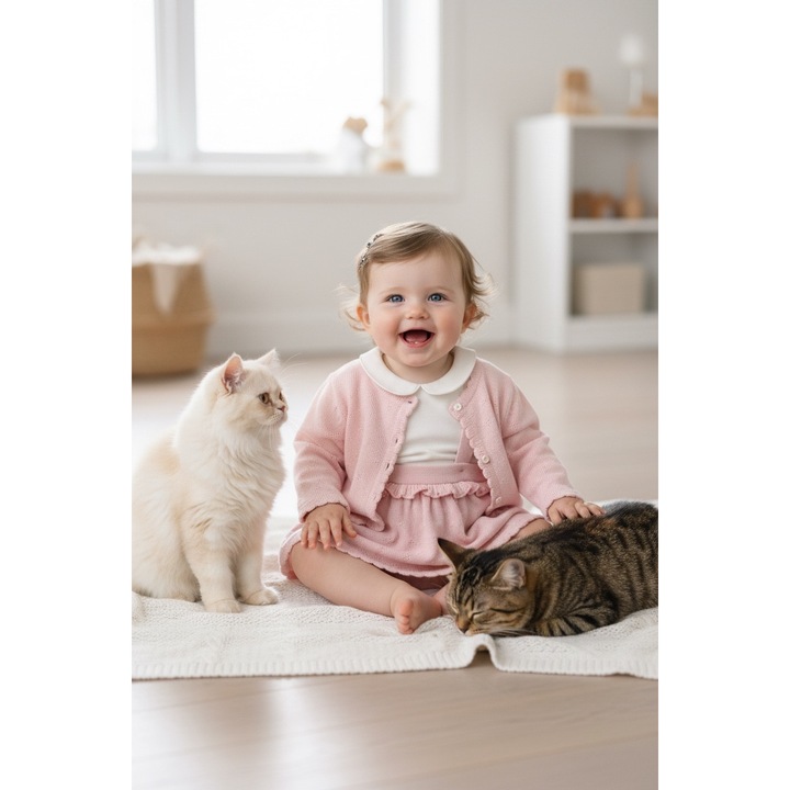 Set Minibanda din 3 piese pentru fetite din bumbac si lana cardigan bluzita si fustita cu bretele