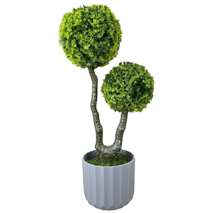 Copac Decorativ Artificial in Ghiveci Gri cu 2 Coroane Verzi Rotunde - Arbori si Plante Decorative