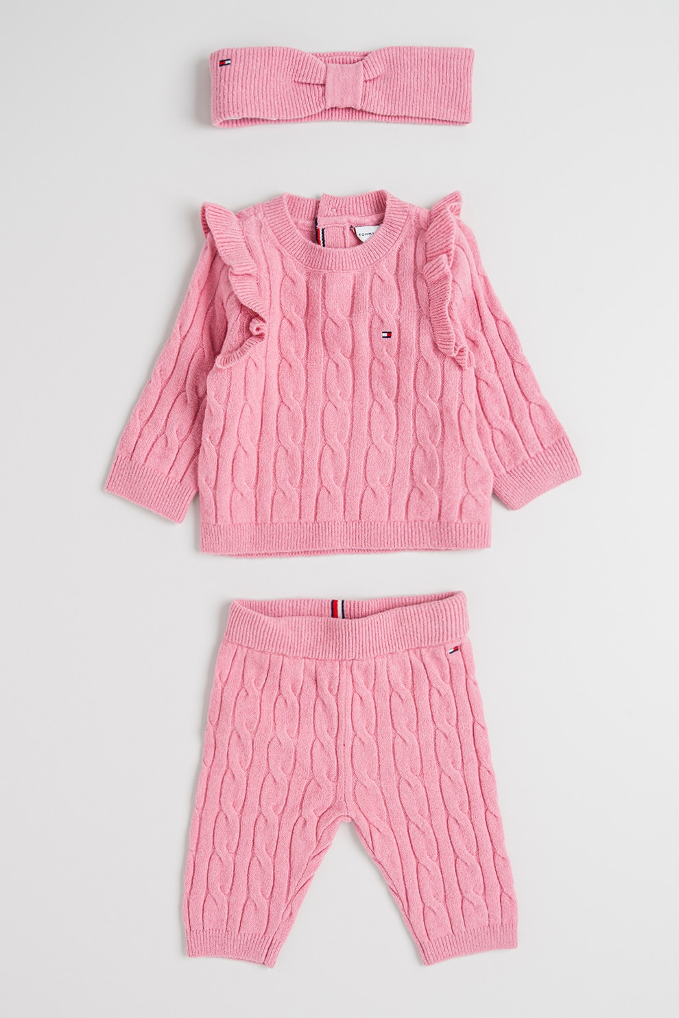 Tommy Hilfiger, Set de imbracaminte cu model torsade si detaliu cu volan - 3 piese, Roz, 86 CM