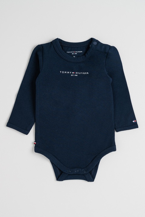 Tommy Hilfiger, Body din amestec de bumbac cu logo, Alb/Bleumarin