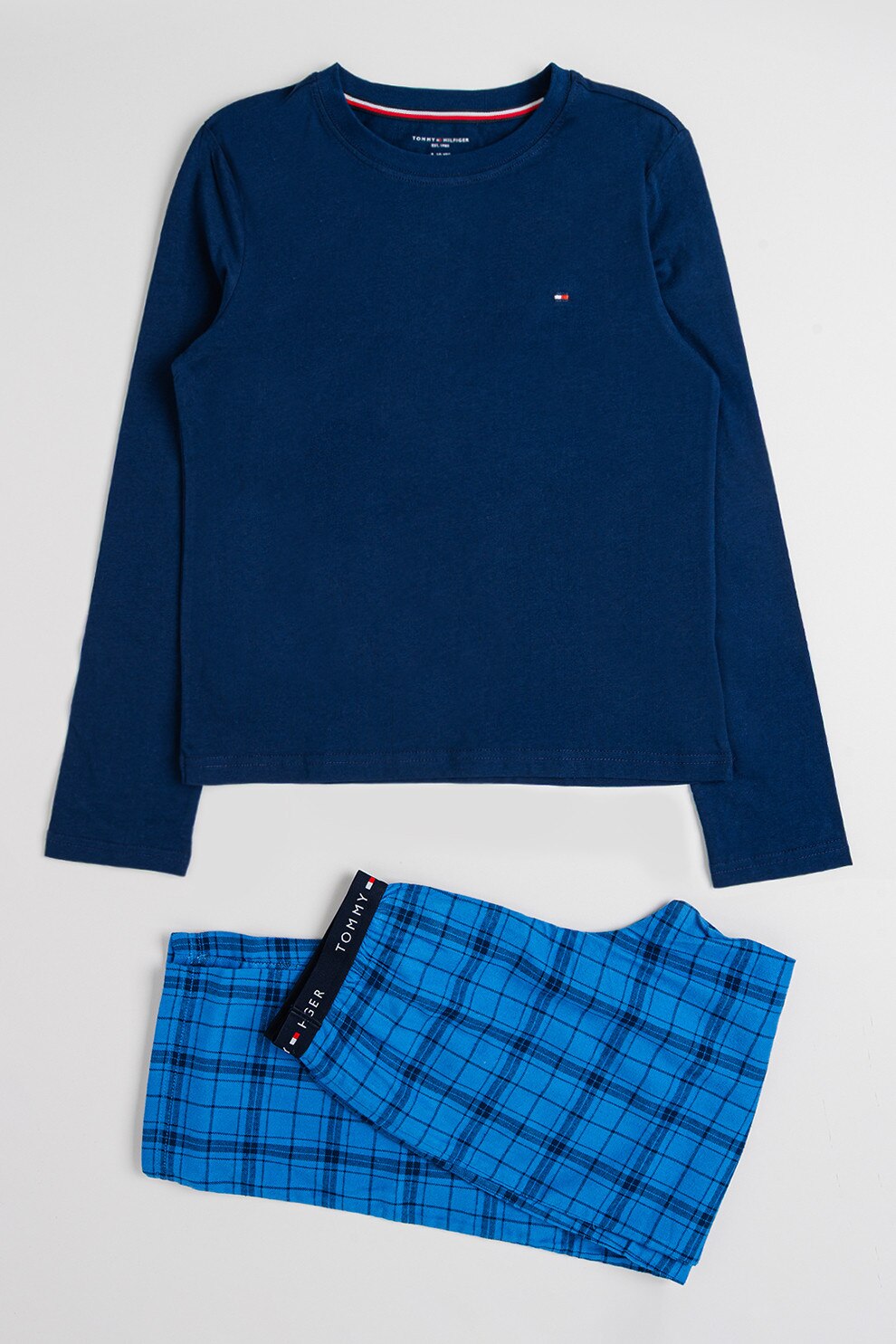 Tommy Hilfiger, Pijama cu pantaloni din flanel cu model in carouri, Albastru, 164-176 CM