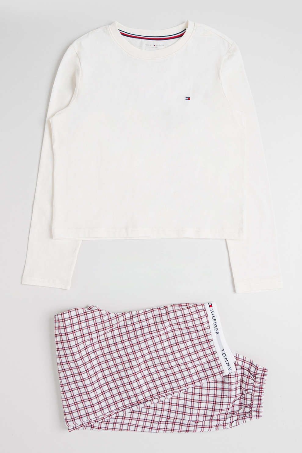 Tommy Hilfiger, Pijama din bumbac cu pantaloni cu model in carouri, Alb, Visiniu, 164-176 CM