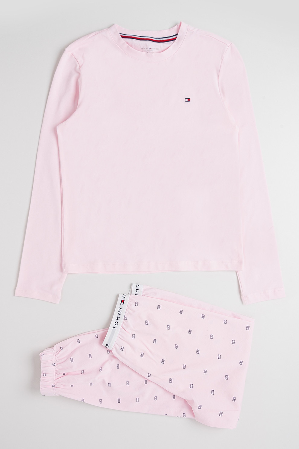 Tommy Hilfiger, Pijama cu imprimeu logo, Roz pal, Bleumarin, 152-164 CM