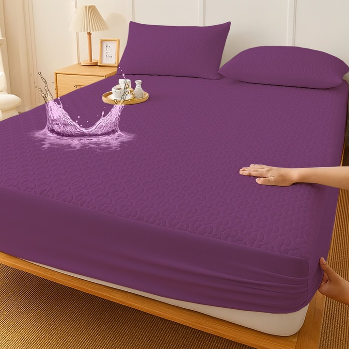 Vízálló steppelt ágyvédő 180x200-as matrachoz, 2 db 50x70 cm-es párnahuzattal, lila