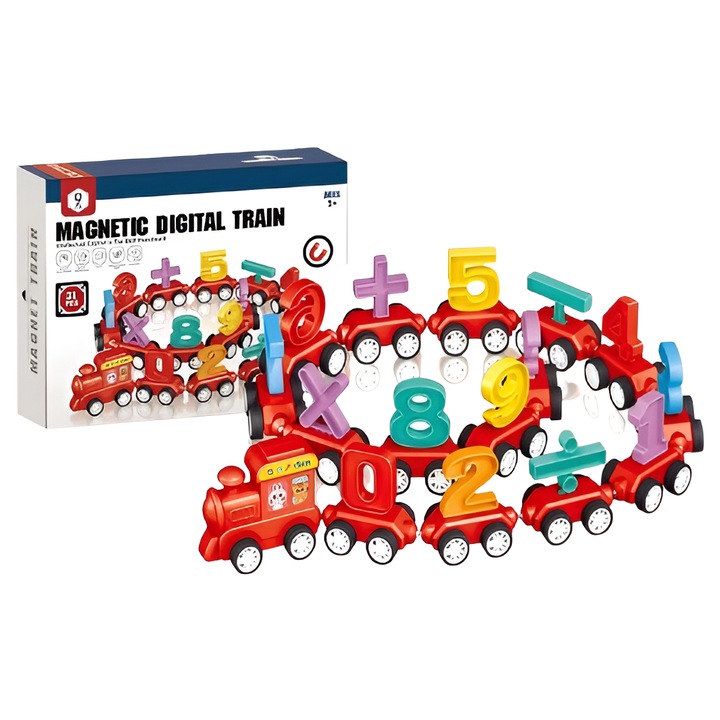 Tren Magnetic Montessori cu Numere 0–9, 31 piese, Lemn, 15 Vagoane, Locomotiva de 5.5x7cm