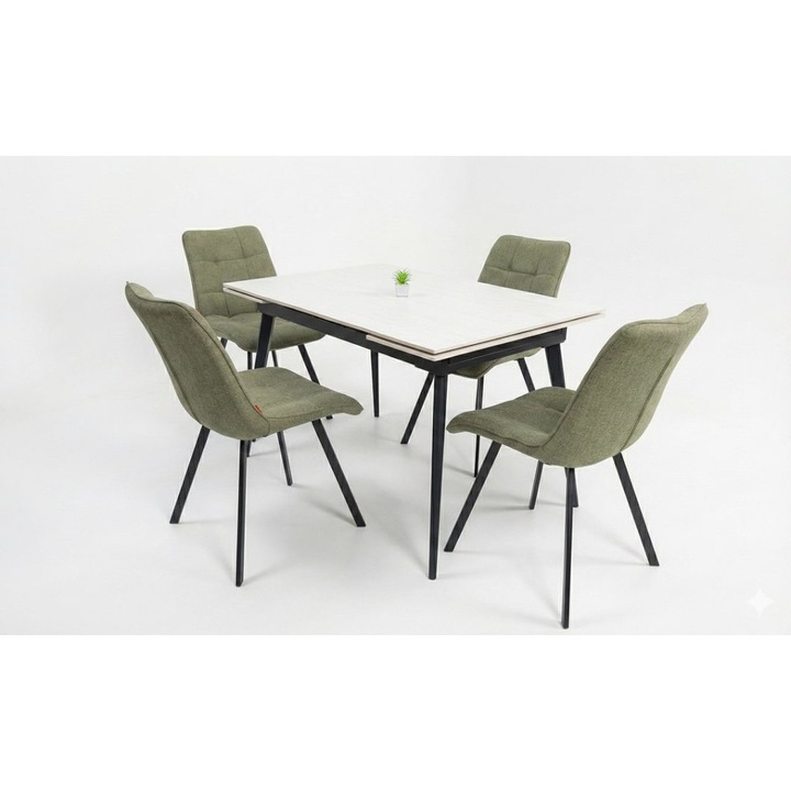 Set Masa Extensibilă, Bej, cu 4 Scaune Tapitate Verzi, DCM1801CF