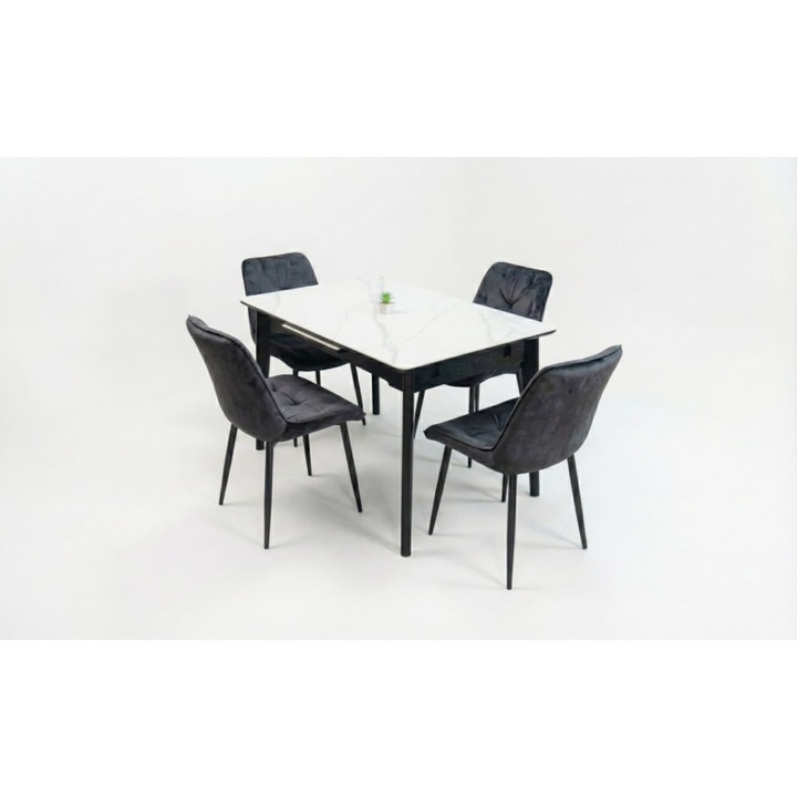 Set Masa Living Extensibila KJT4711-1 Alb cu 4 Scaune KJC0357 Negre