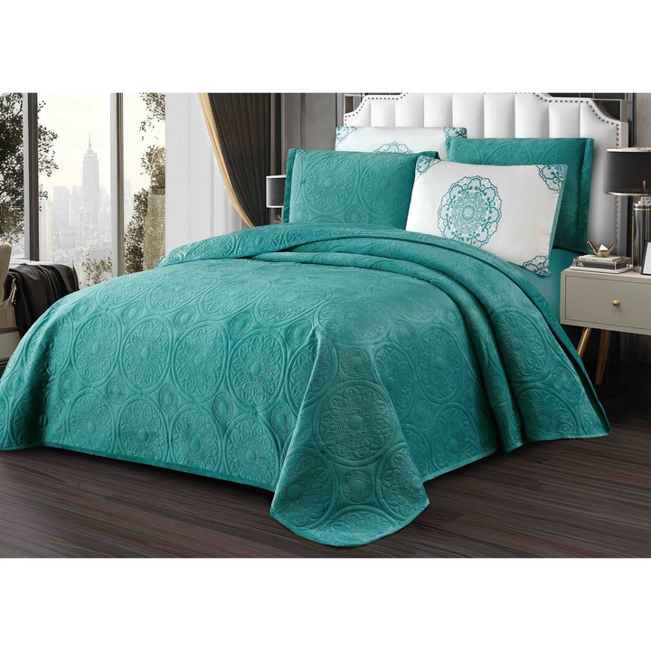 Set Cuvertura Catifea 5 Piese MHR, 220x240cm, Model Relief Circular, 4 Fete de Perna 50x70cm, Turcoaz