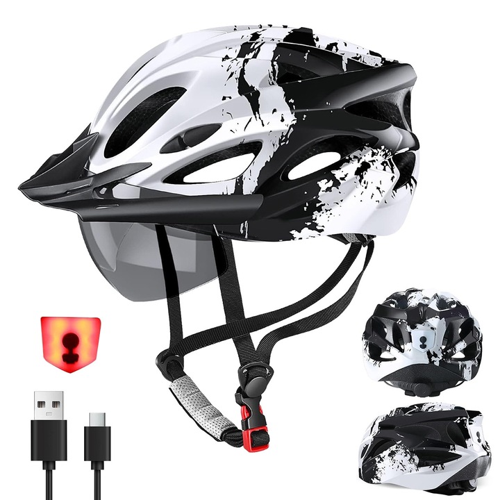 Casca de protectie pentru bicicleta, YOUKUKE®, cu iluminare din spate, ochelari cu fixare magnetica, vizor, rezistenta la impact, 57-62 cm, ventilat, 12 ani+, pentru skateboard/bicicleta, alb-negru