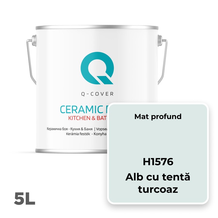 Керамична боя 5L Q-COVER Бяла с тюркоазен оттенък H1576, дълбок мат, устойчива на влага
