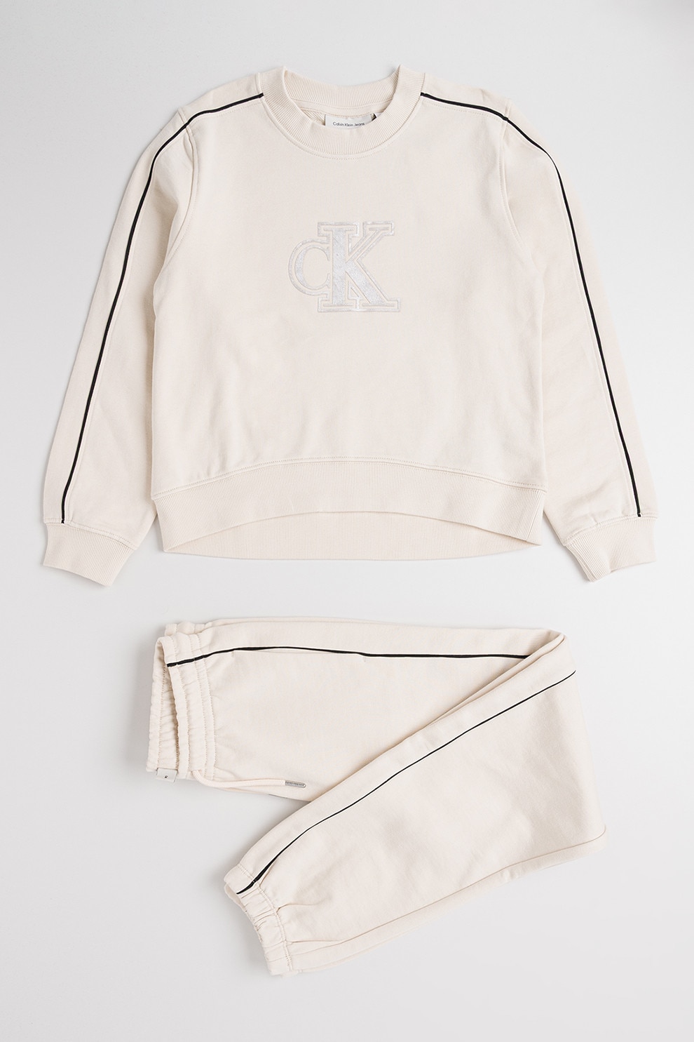 CALVIN KLEIN, Set de bluza si pantaloni de trening cu imprimeu logo, Bej, 164 CM