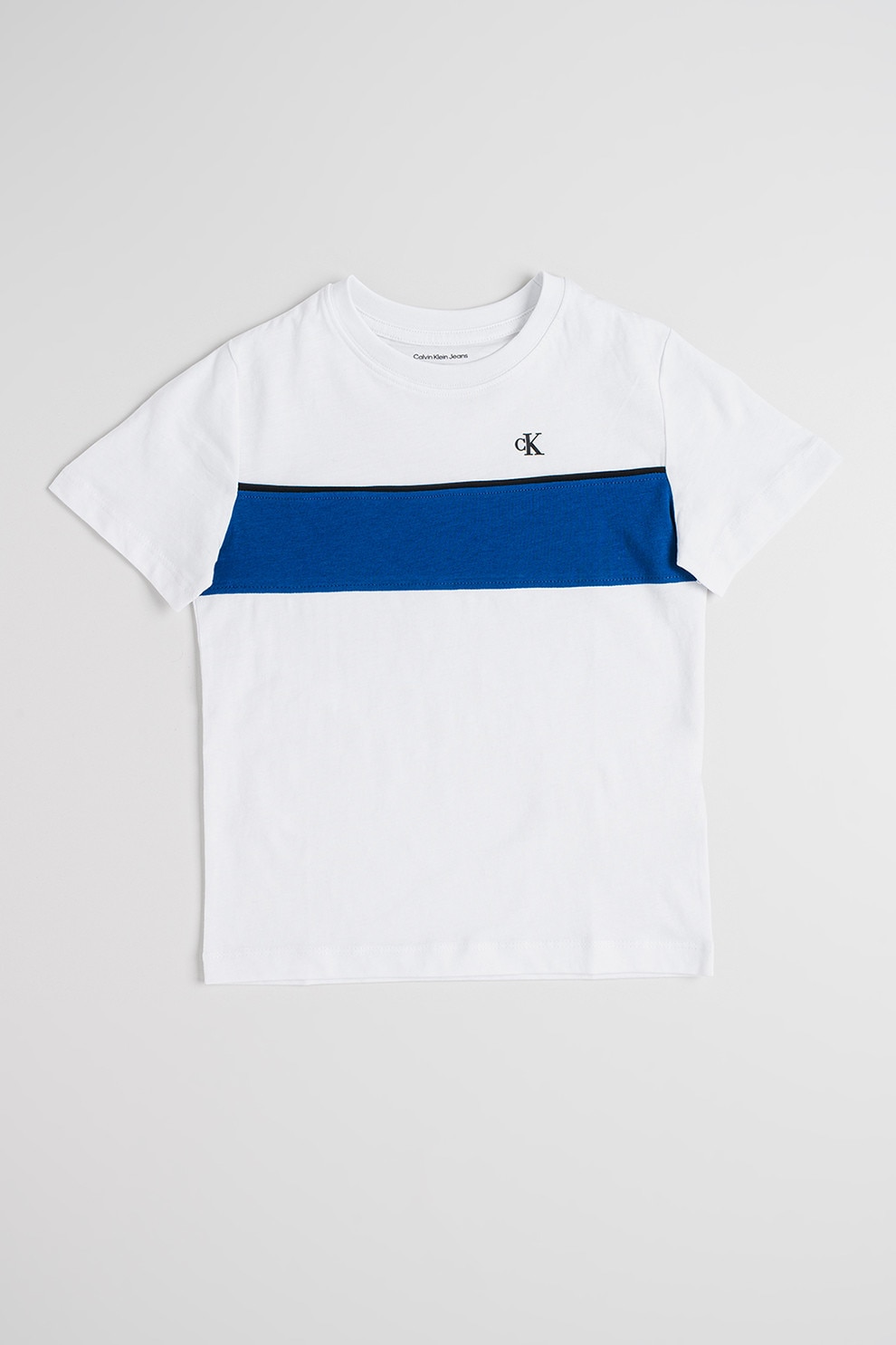 CALVIN KLEIN, Tricou de bumbac cu decolteu la baza gatului, Alb, Albastru royal, 170 CM