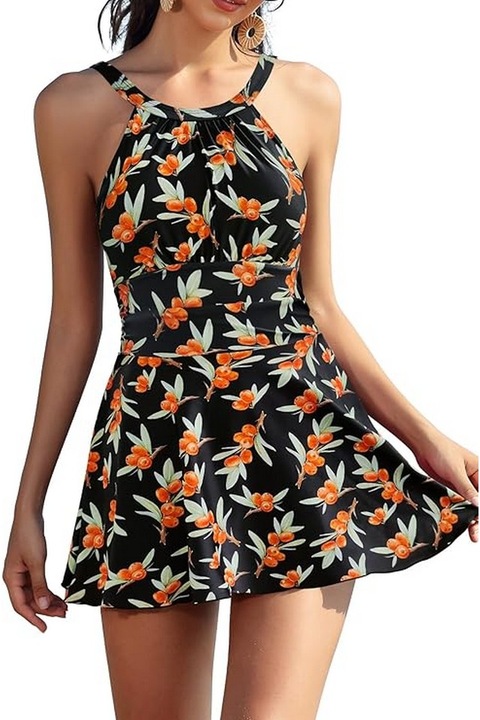 Costum de baie intreg, elegant, fara spate, cu volane, retro, cu control al abdomenului, negru cu fructe portocalii, marime S, SHEKINI