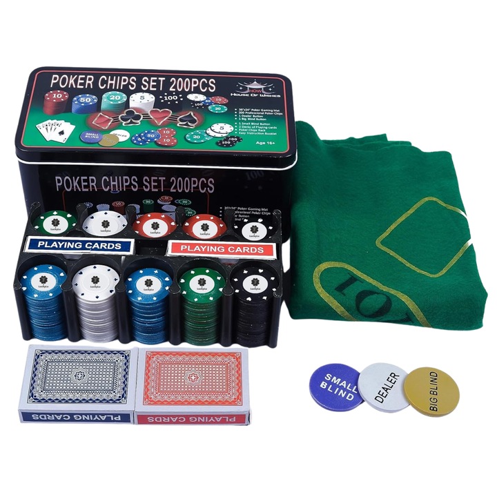 Póker szett LuckyLu®, Texas Hold'em, 200 zseton, Royal-07, 5 értékkel, 2 pakli kártya, játékszőnyeg, 3 gomb, Dealer, Big és Small Blind, fém doboz 26.8 x 18.4 x 11.7 cm, 900 g