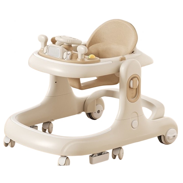 Premergator si antepremergator 2 in 1 pentru copii Little Mom beige, pliabil, inaltime reglabila, sezut cu spatar, roti silentioase, panou interactiv detasabil cu sunete