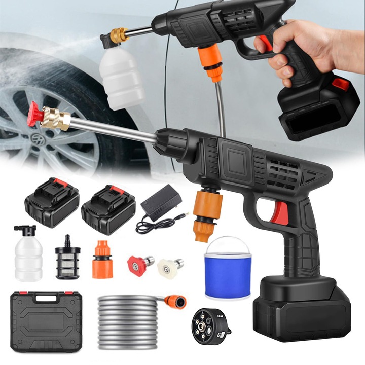 Pistol cu apa de inalta presiune pentru spalatorie auto, 300W, 90bar, 8L/Min, 5m furtun de apa, 2 baterii, Include filtru, duza, galeata, sticla de spuma si cutie de depozitare, Potrivit pentru masina, gradina si casa, Negru/Rosu