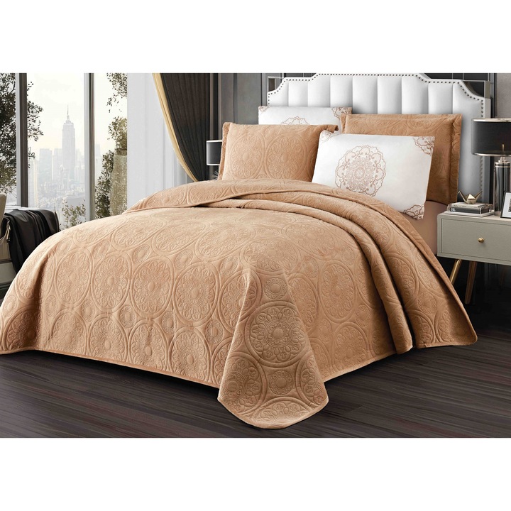 Set Cuvertură Catifea MHR Relief Circular 220x240cm, 4 Fete de Pernă 50x70cm, Bej MHR-1691