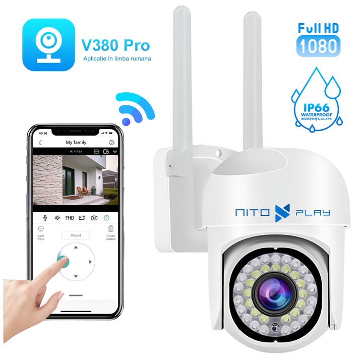 Смарт камера за наблюдение Nitoplay® Q7, Full HD, вътрешна/външна, WiFi, IP66, водоустойчива, нощно виждане, детекция на движение, LED, двупосочно аудио, съвместима с iOS/Android, аларма, високоговорител и микрофон, V380 Pro App