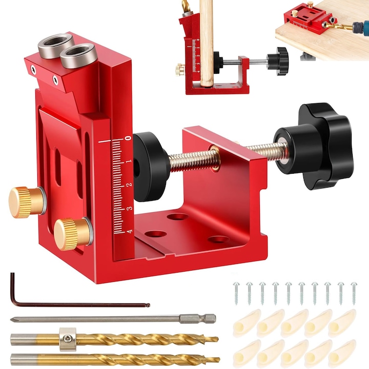 Set sablon de gaurire oblica Bedee, 3 in 1, din aluminiu, rosu, cu Burghie si Accesorii, pentru gauri de buzunar, Gauri Oblice Ghid Reglabil 15 Grade