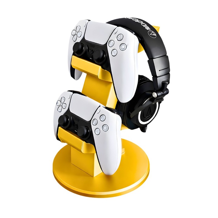 Suport pentru casti si controller PlayStation 5, Auriu, 11.5 x 16.9 x 24 cm