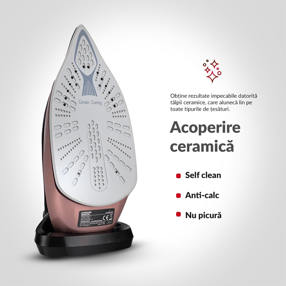 Statie de calcat cu abur Lehmann Smooth 2400W, 8 bar, jet de abur 120 g/min, rezervor 1.5L, ECO Mode, Anti-Calc, Self Clean, talpa ceramica, Auriu/Negru