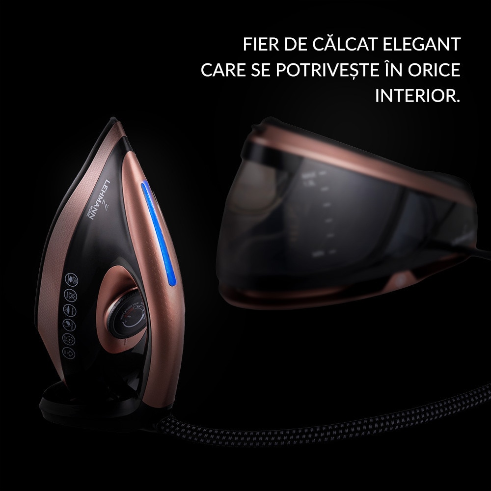 Statie de calcat cu abur Lehmann Smooth 2400W, 8 bar, jet de abur 120 g/min, rezervor 1.5L, ECO Mode, Anti-Calc, Self Clean, talpa ceramica, Auriu/Negru