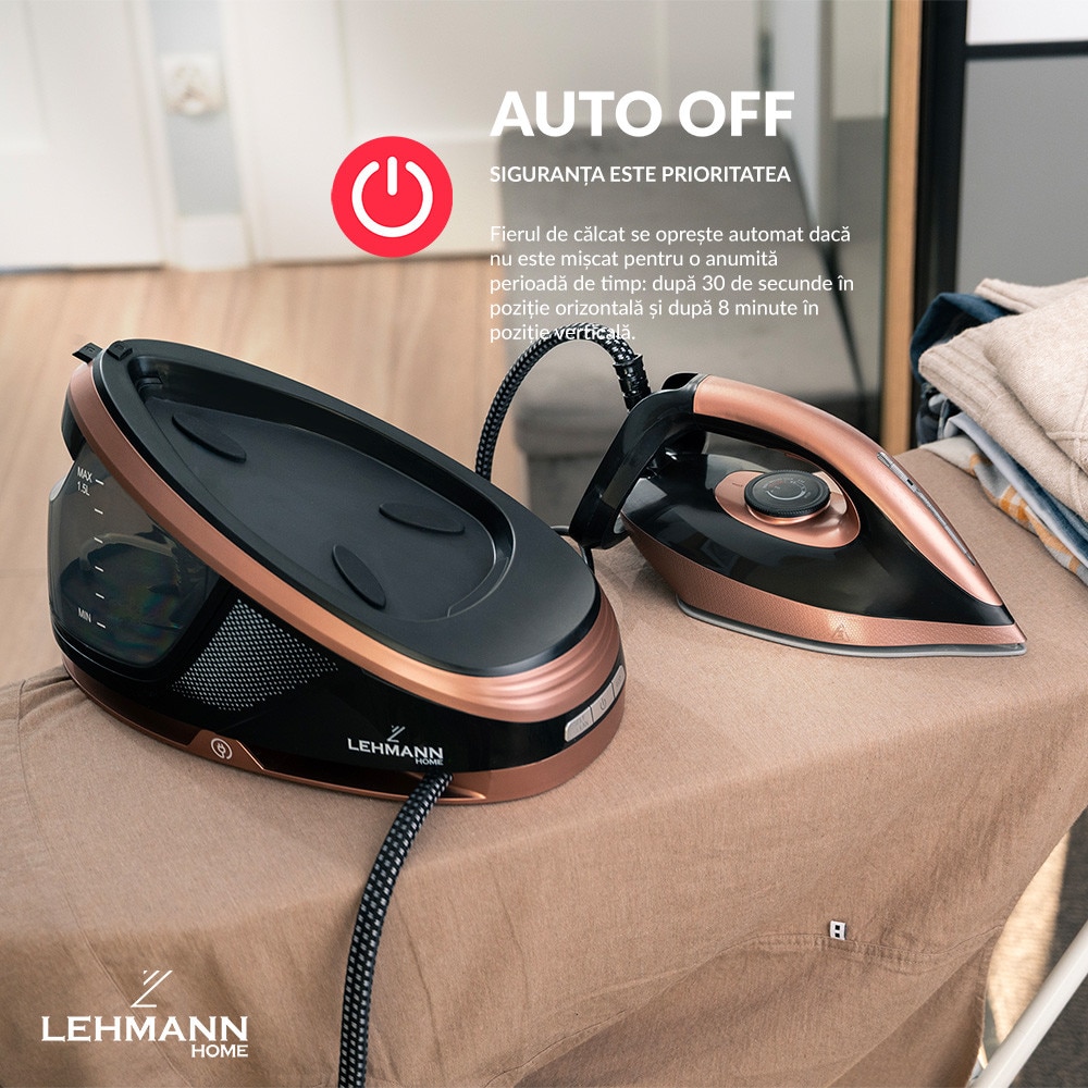Statie de calcat cu abur Lehmann Smooth 2400W, 8 bar, jet de abur 120 g/min, rezervor 1.5L, ECO Mode, Anti-Calc, Self Clean, talpa ceramica, Auriu/Negru