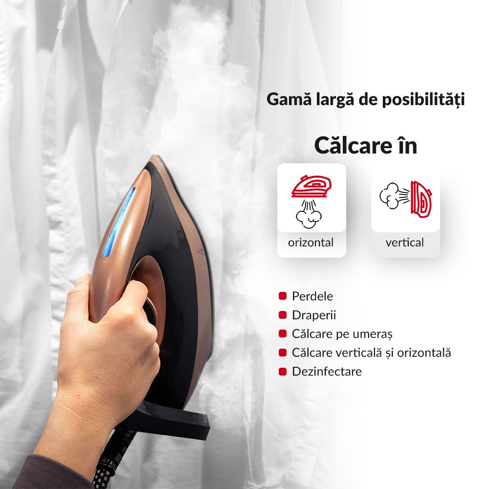 Statie de calcat cu abur Lehmann Smooth 2400W, 8 bar, jet de abur 120 g/min, rezervor 1.5L, ECO Mode, Anti-Calc, Self Clean, talpa ceramica, Auriu/Negru