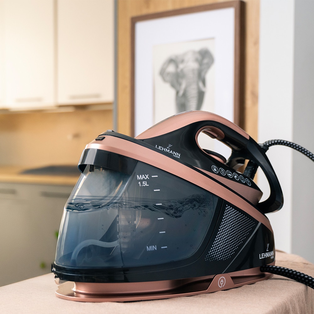 Statie de calcat cu abur Lehmann Smooth 2400W, 8 bar, jet de abur 120 g/min, rezervor 1.5L, ECO Mode, Anti-Calc, Self Clean, talpa ceramica, Auriu/Negru
