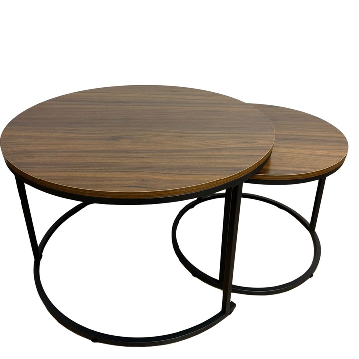 Set Masute de Cafea Rotunde SOLLY NEW, 2 in 1, Metal Negru, Lemn Natural, 70x50cm/45x44cm