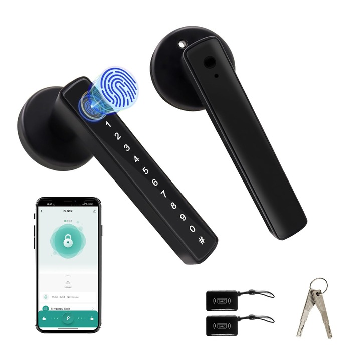 Смарт брава Duueyct, Безжична, 360° пръстов отпечатък, Отключване за 0.2s, Контрол чрез мобилно приложение, 100 пръстови отпечатъци, 50 пароли, Автоматично заключване, Съвместима с врати 35–55 мм, 2 ключа, 2 карти, Черен
