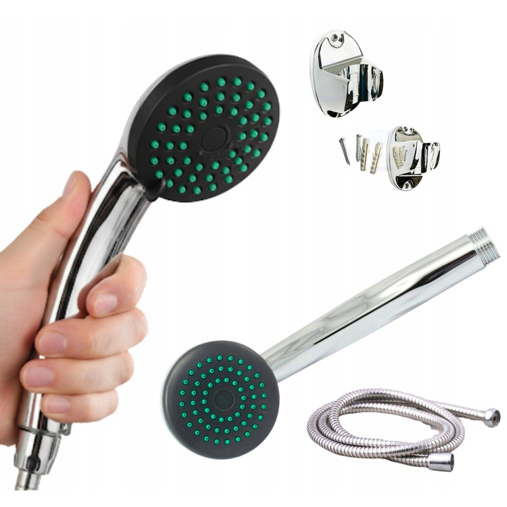 Zuhanykészlet felületre szerelhető, Lazyhome, zuhanyfej, univerzális méret, vízkőmentesítő rendszer, ergonomikus fogantyú, víztakarékos, ezüst színű, a készlet tartalma: zuhanyfej, zuhanytömlő, távirányító tartó, csavarok és rögzítődugók
