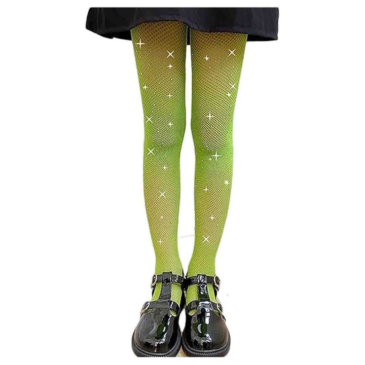 Sosete pentru copii, asskanaer, Dresuri din plasa stralucitoare, Design cu strasuri, Nu se estompeaza, Talia inalta, Elasticitate ridicata, Rezistent la deformare, Absorbant de transpiratie, Nailon/Elastan, Verde