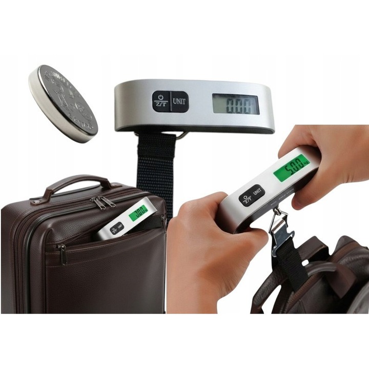 Cantar digital pentru bagaje, 50 kg, termometru, negru, set 1 cantar si 1 baterie, dimensiuni 13x3x2.8cm