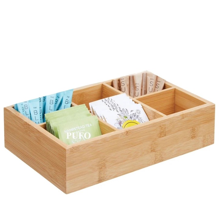 Cutie Pufo din bambus cu 6 compartimente si capac din sticla pentru plicuri de ceai – organizator elegant, 30 x 18 x 9 cm
