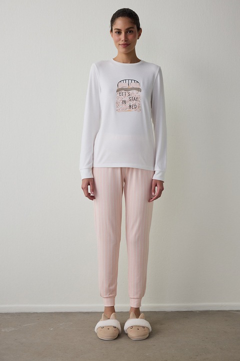 PENTI, Pijama cu maneci lungi si model, Alb/Roz pal/Negru