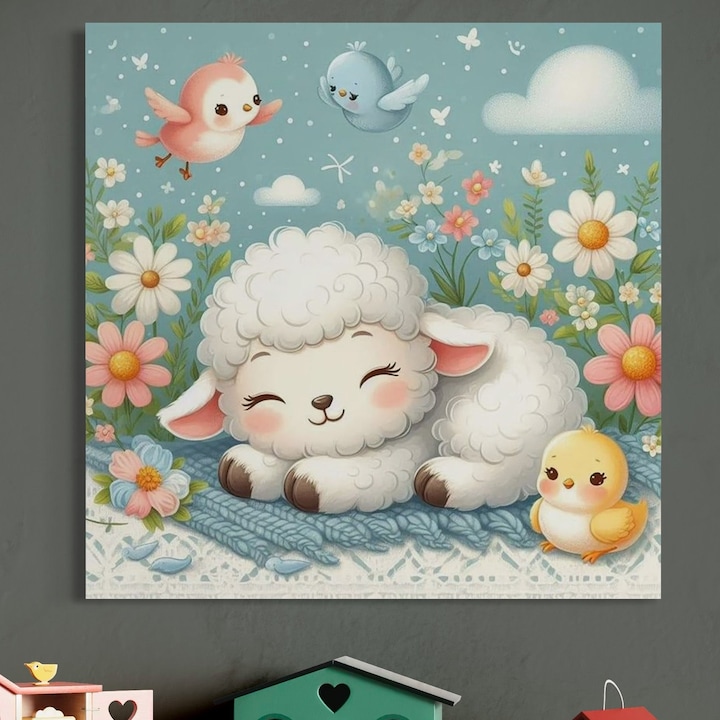 Tablou Canvas Premium, LuxCanva® K1047, Mieluselul Visator, 90 X 90 CM, Panza Bumbac 100% 400g/m2, Sasiu, Lemn, Pui, Pasarele, Zbor, Pastelat, Lana, Flori, Armonie, Fluturi, Adormit, Gradina, Liniste, Veselie, Animalute, Camera Copil, Dormitor