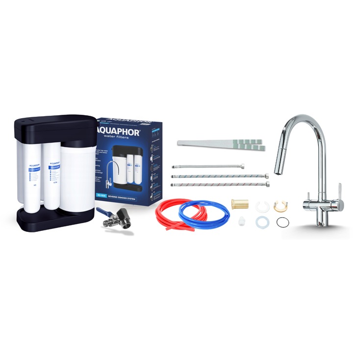 Baterie chiuvetă bucătărie ARI Slender, 3 cai, crom, set filtrare osmoză Morion, pipa extractibilă