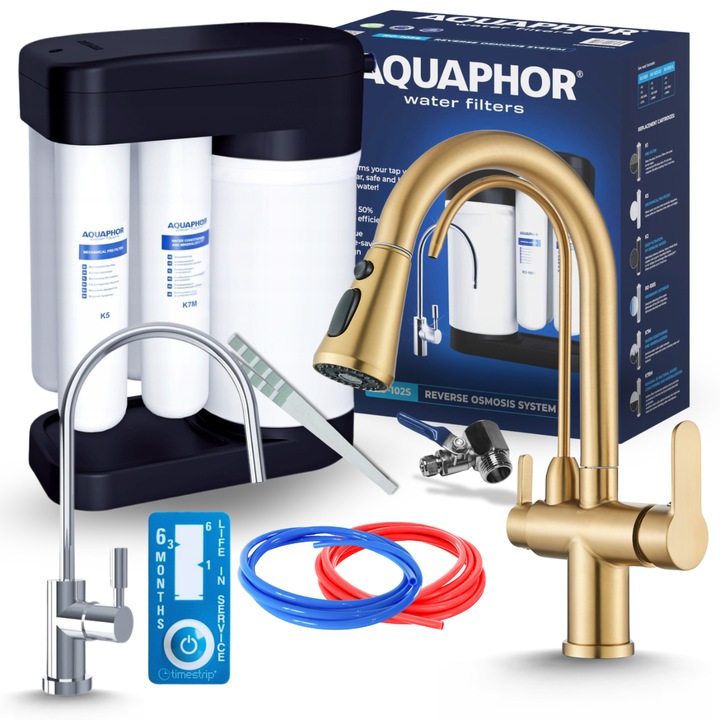 Set Baterie Chiuvetă ARI Nordic 3 Cai cu Filtru Osmoză Morion, Auriu Periat, Pivotant