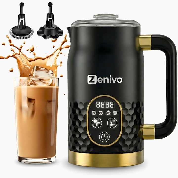 Уред за млечна пяна ZENIVO, електрически пенообразувател 4 в 1 с LED дисплей, разглобяем, топло и студено разпенване на мляко, функция за загряване на мляко и шоколад, идеален за лате, капучино, кафе и фрапе, капацитет 270 мл, мощност 500 W, модерен дизай