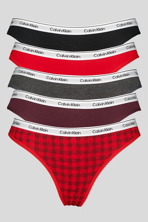 CALVIN KLEIN, Бикини с лого - 5 чифта, Черен/Аленочервен/Тъмновиолетов