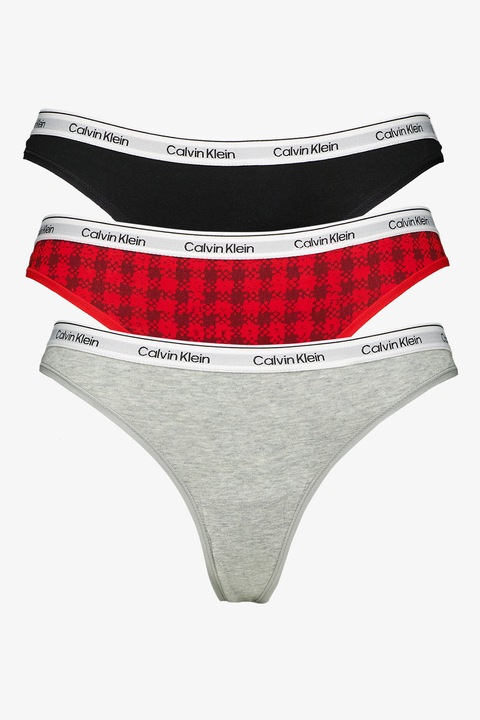 CALVIN KLEIN, Set de chiloti tanga cu logo - 3 perechi, Rosu inchis, Gri melange, Negru, M