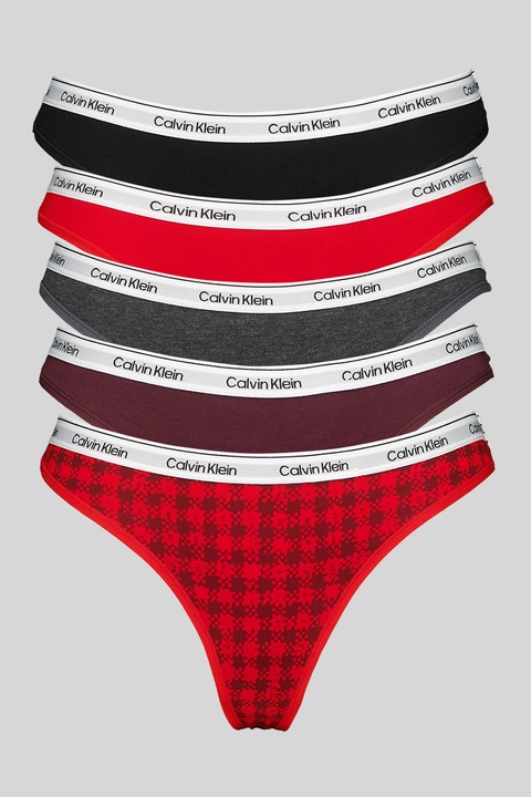 CALVIN KLEIN, Танга с лого - 5 чифта, Черен/Аленочервен/Тъмновиолетов