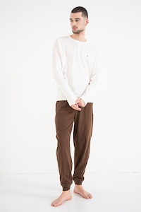 Tommy Hilfiger, Pijama cu pantaloni lungi si croiala conica, Maro inchis, Bej deschis, M