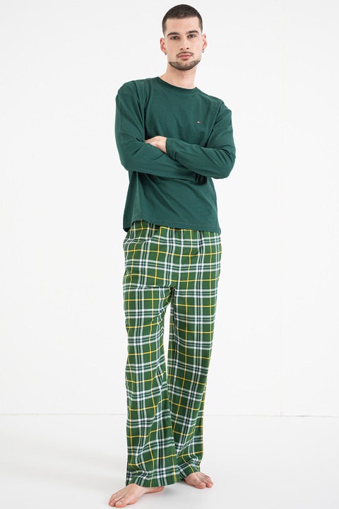 Tommy Hilfiger, Pijama cu pantaloni lungi si model in carouri, Verde aquamarin